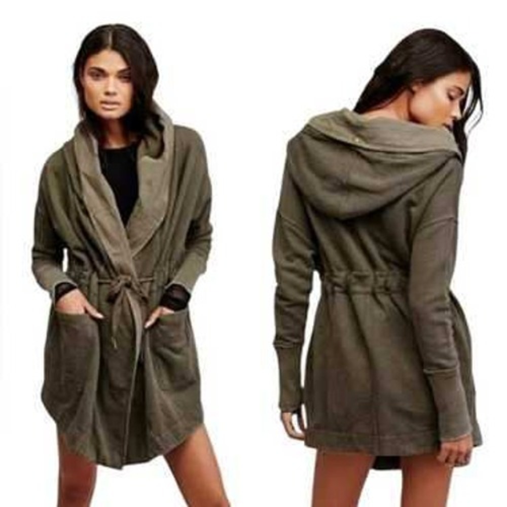 Free People Brentwood Cardigan Coat Large Hooded Moss Green Army Olive Oversized
